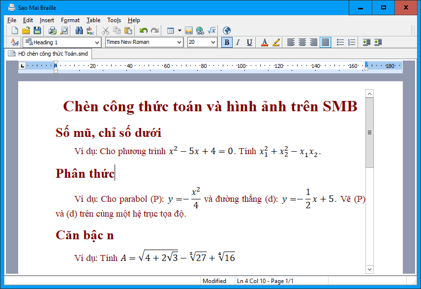 Examples of equations inserted in SMB