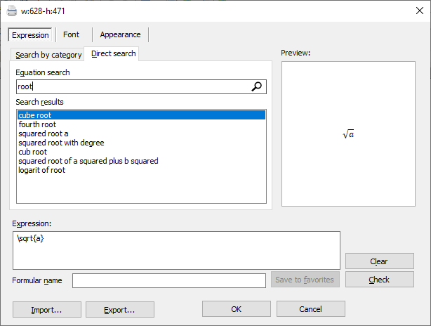 Search math expression by name window