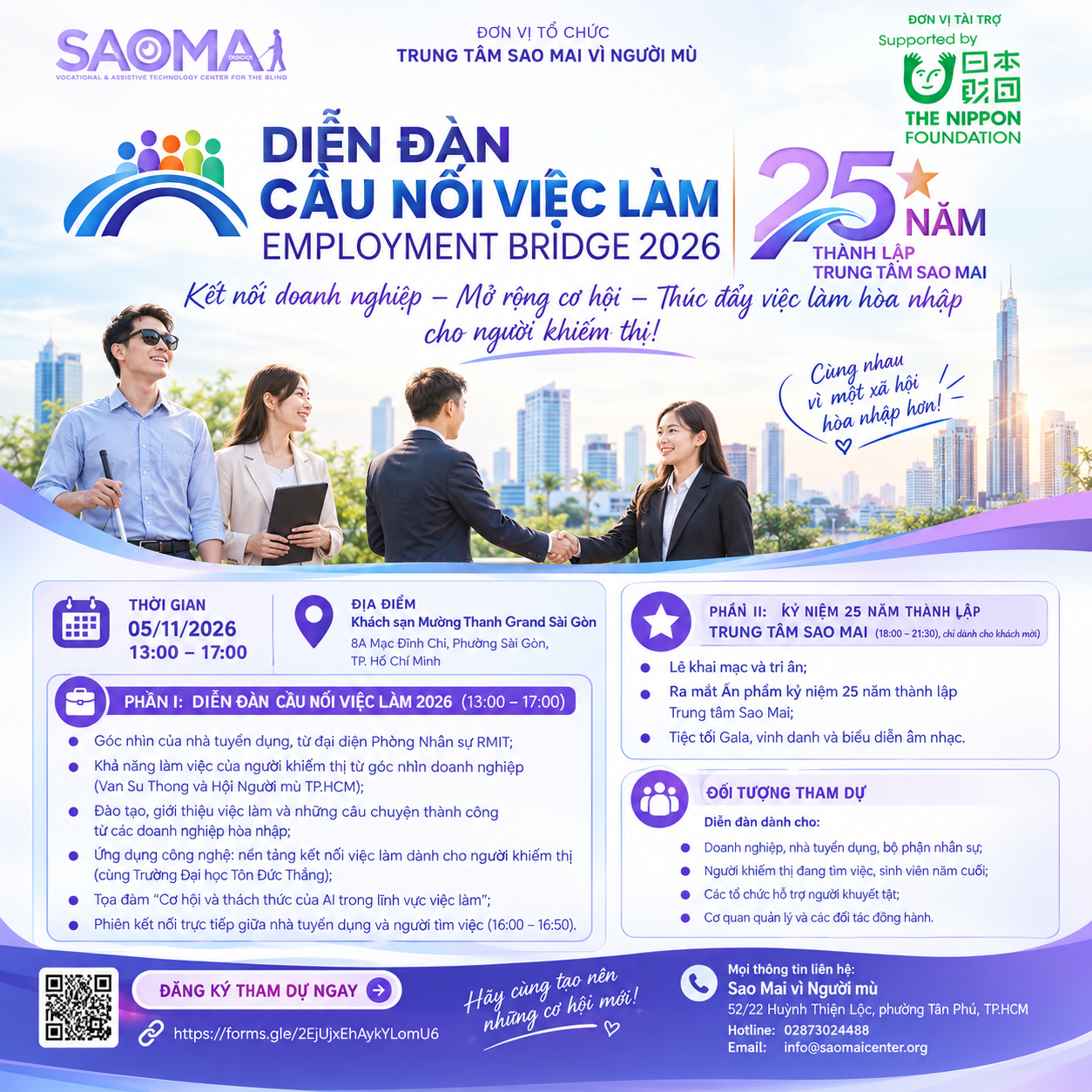 Poster Diễn đàn Cầu nối việc làm Employment Bridge 2026 và kỷ niệm 25 năm thành lập Trung tâm Sao Mai, diễn ra ngày 05/11/2026 tại Khách sạn Mường Thanh Grand Sài Gòn.