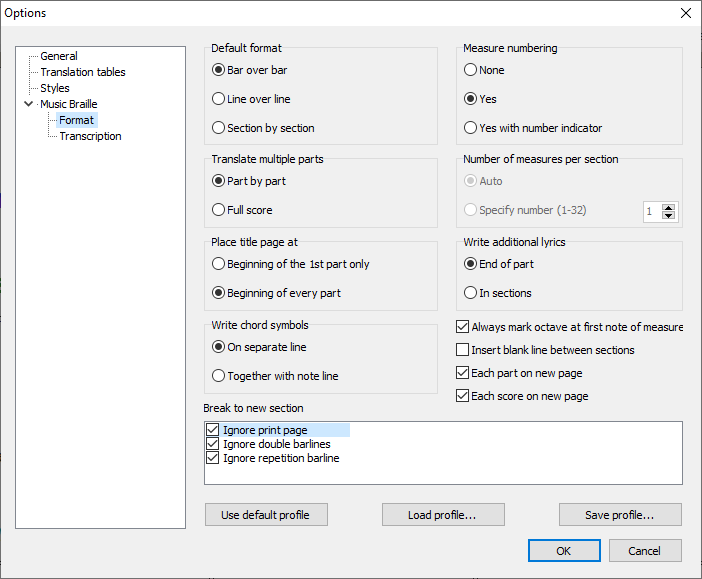 Music Braille format options