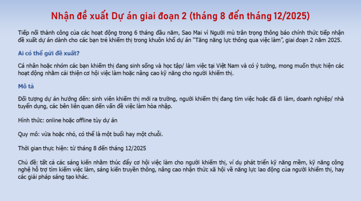 Sao Mai vì Người mù thông báo nhận đề xuất dự án giai đoạn 2 (tháng 8 đến tháng 12/2025)
