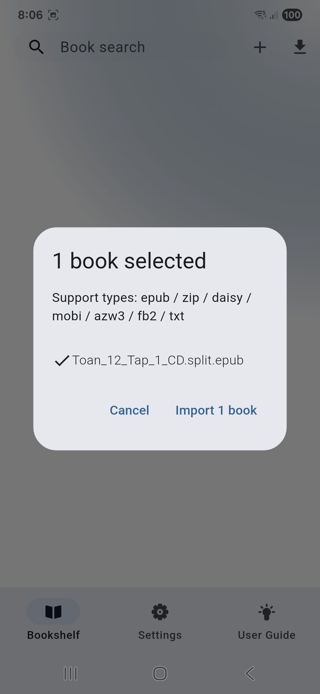 The screen displays the book to be imported