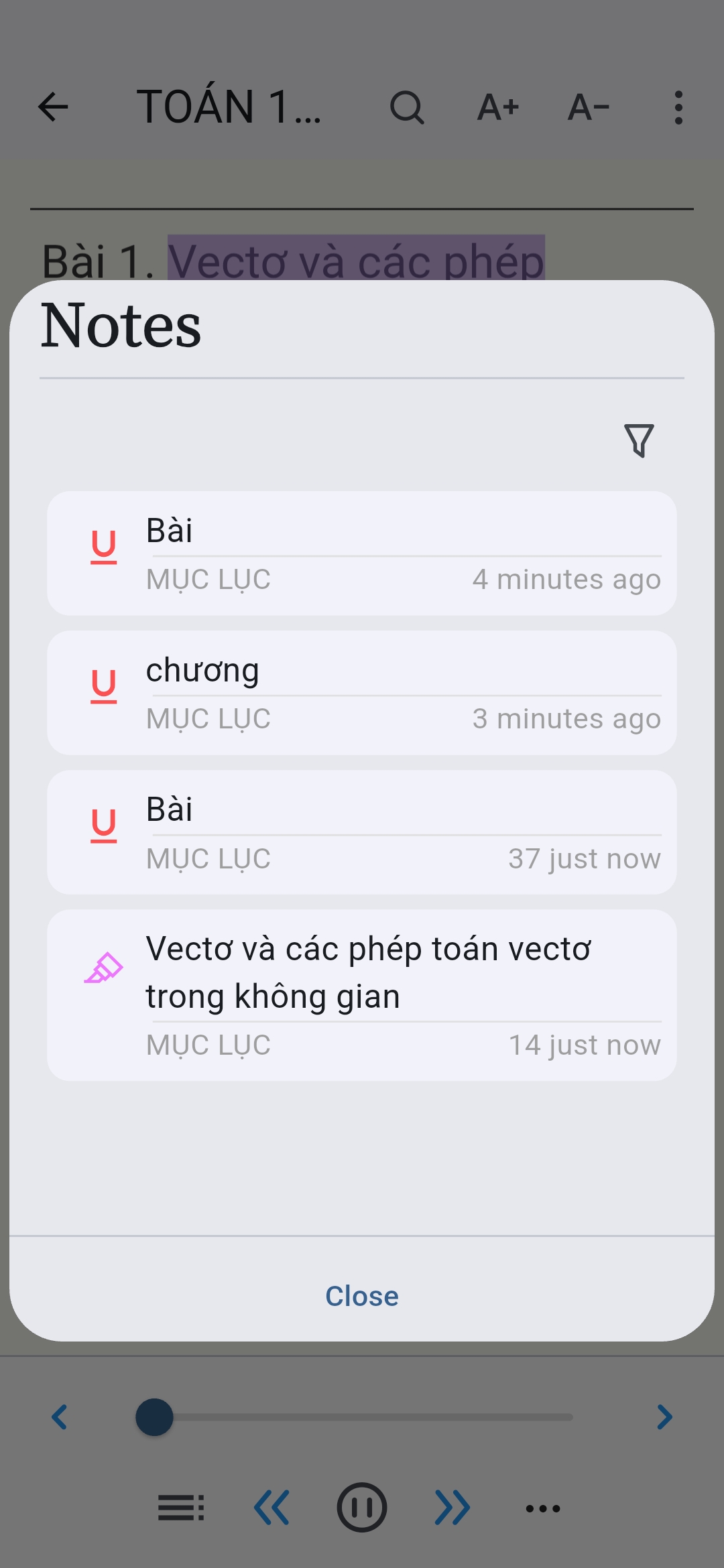 The screen displays the list of notes