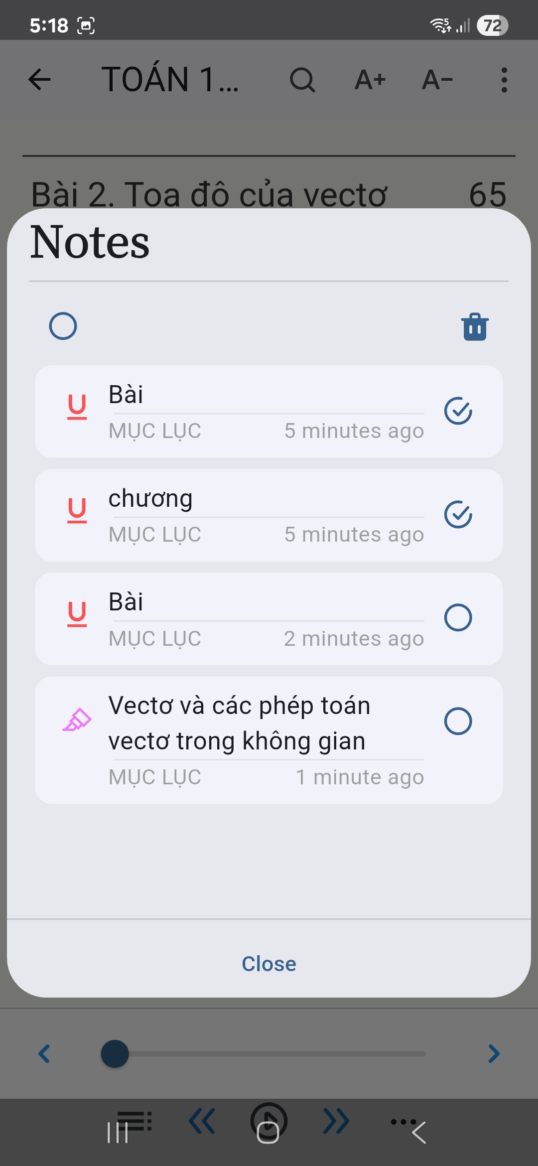 The screen allows deleting one or multiple notes.