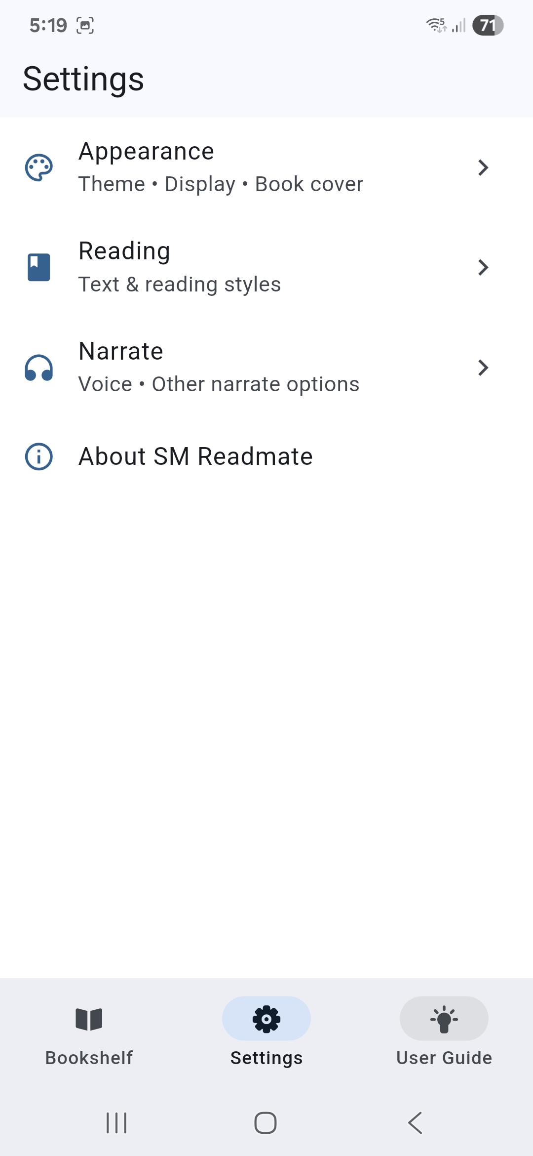 The screen displays the settings interface
