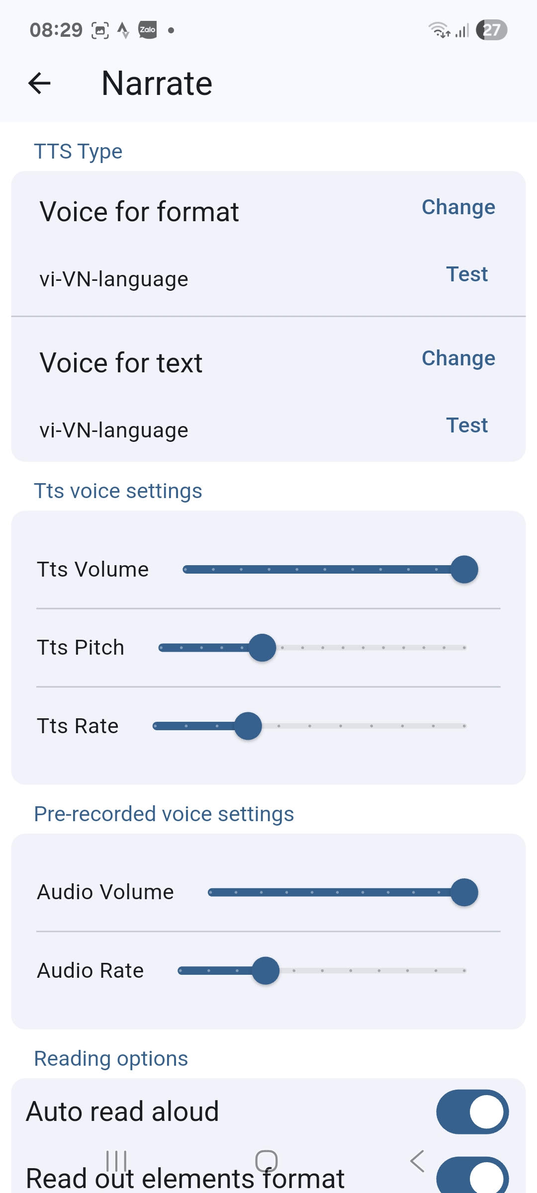 The screen for setting up voices