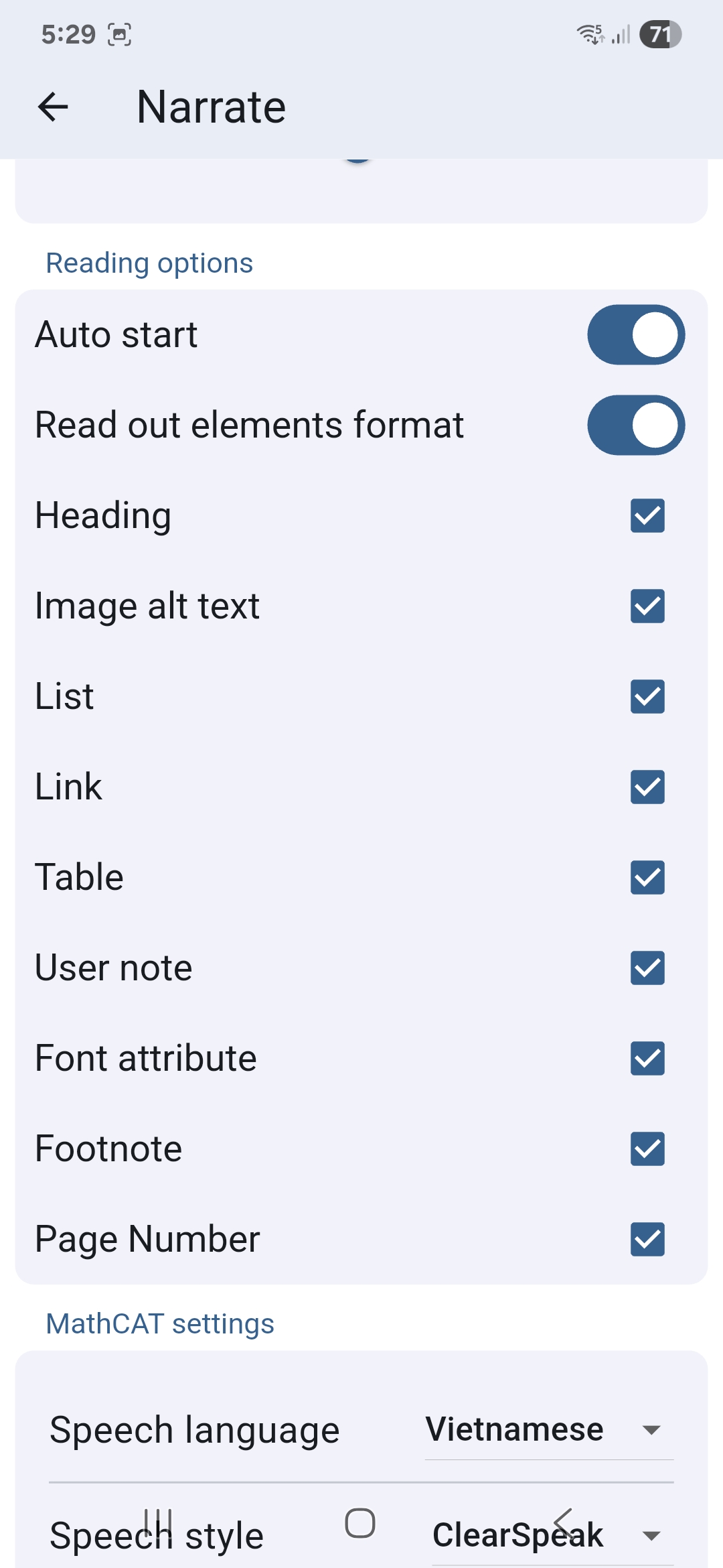 The screen for setting up reading options.