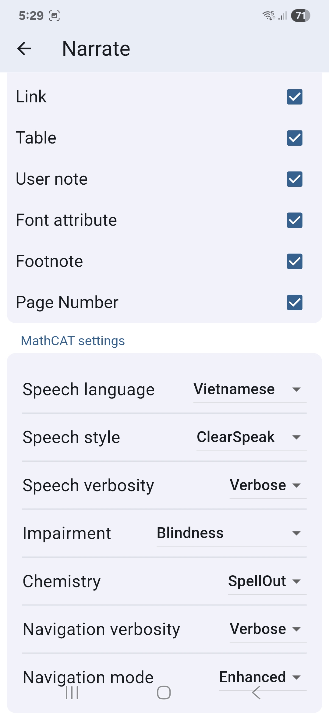 The screen for setting up math reading mode
