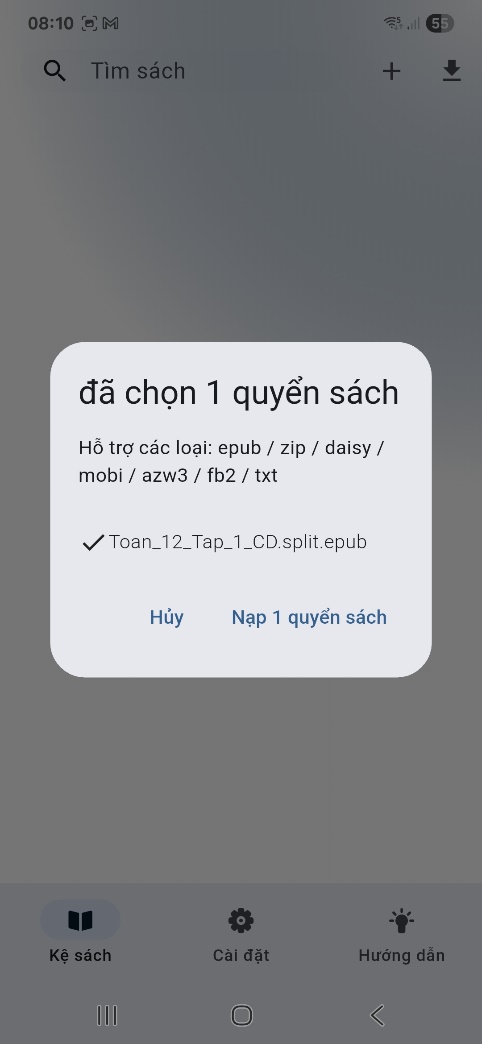 Màn hình xác nhận chọn sách để thêm vào