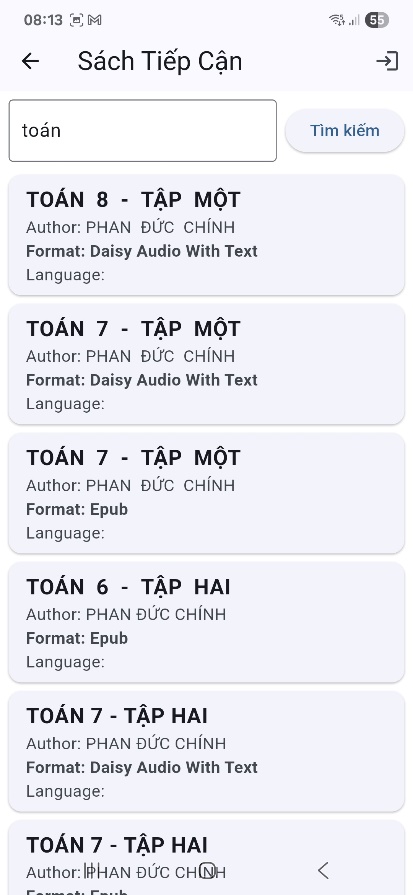 Màn hình tìm kiếm sách