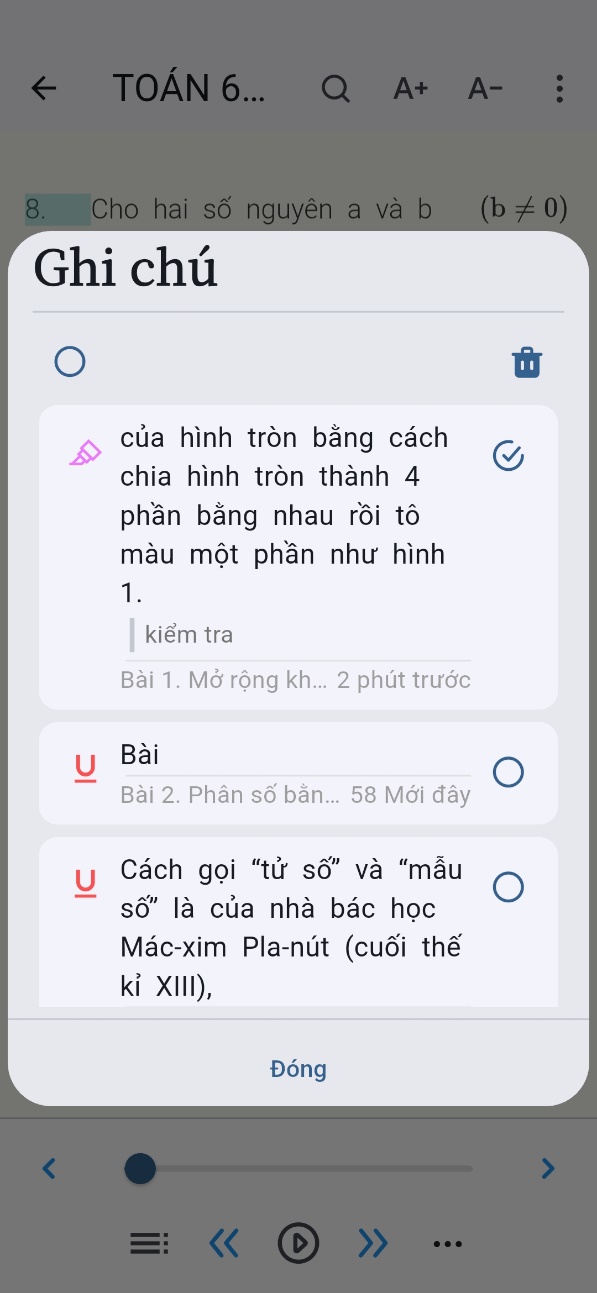 Màn hình chọn một hoặc nhiều ghi chú để xóa