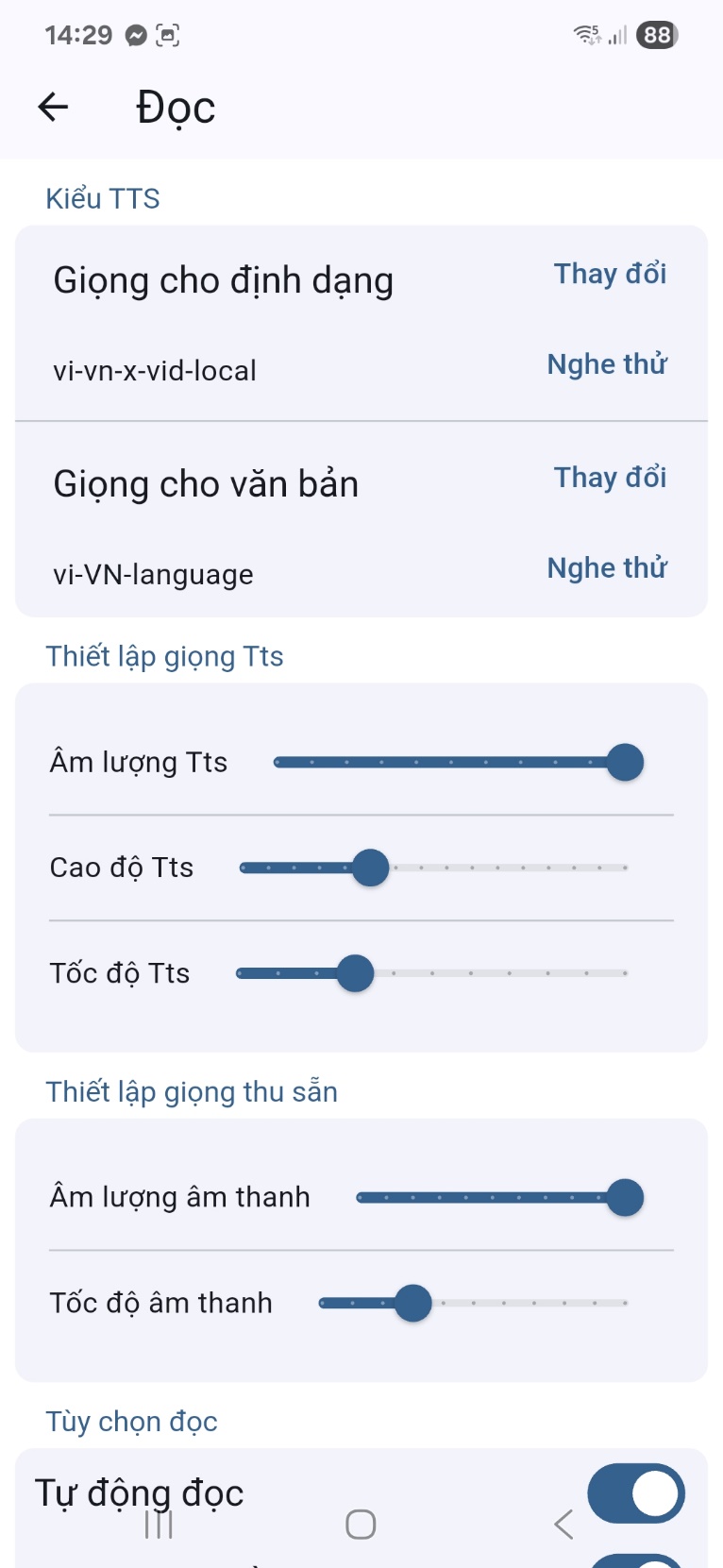 Màn hình thiết lập tính năng Đọc
