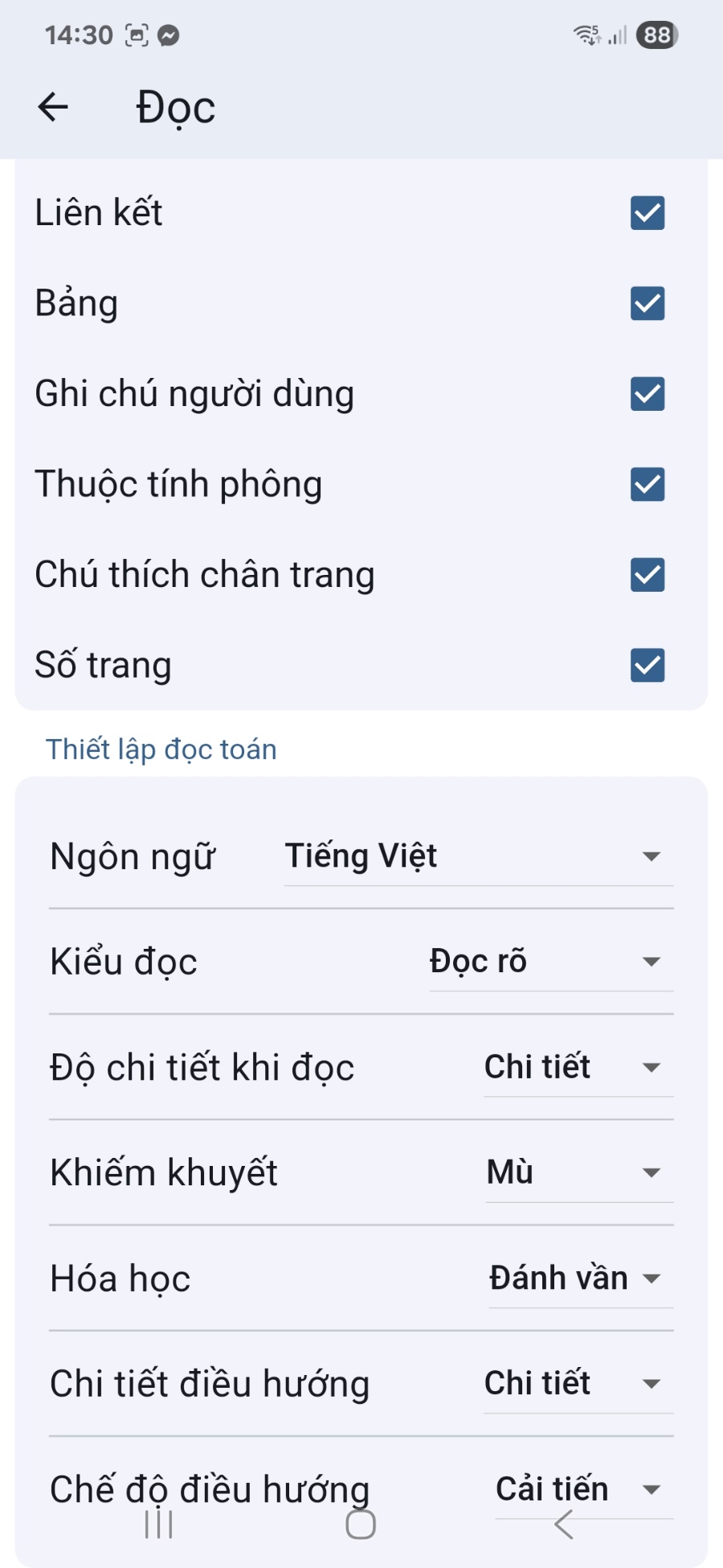 Màn hình thiết lập cách đọc toán