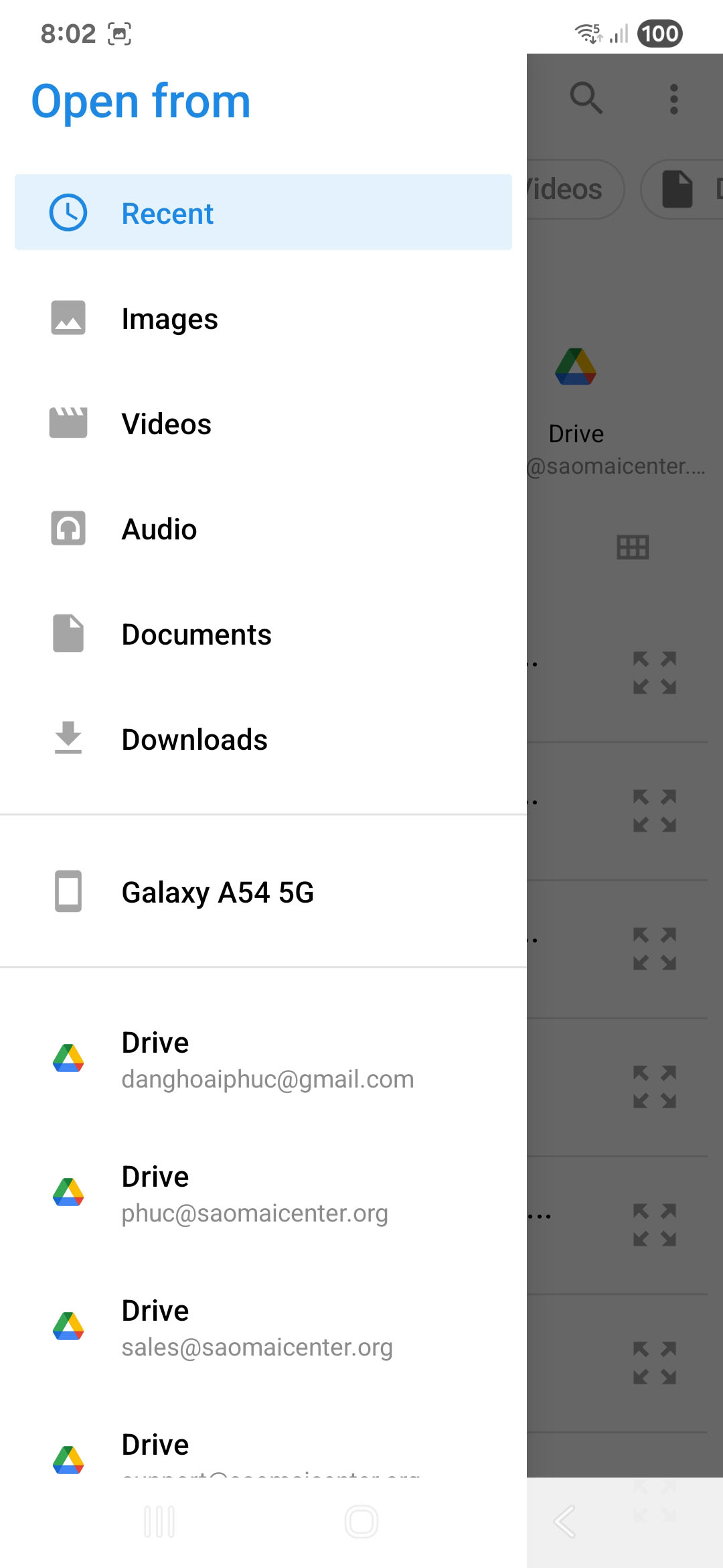 The screen displays the interface for opening files from devices.
