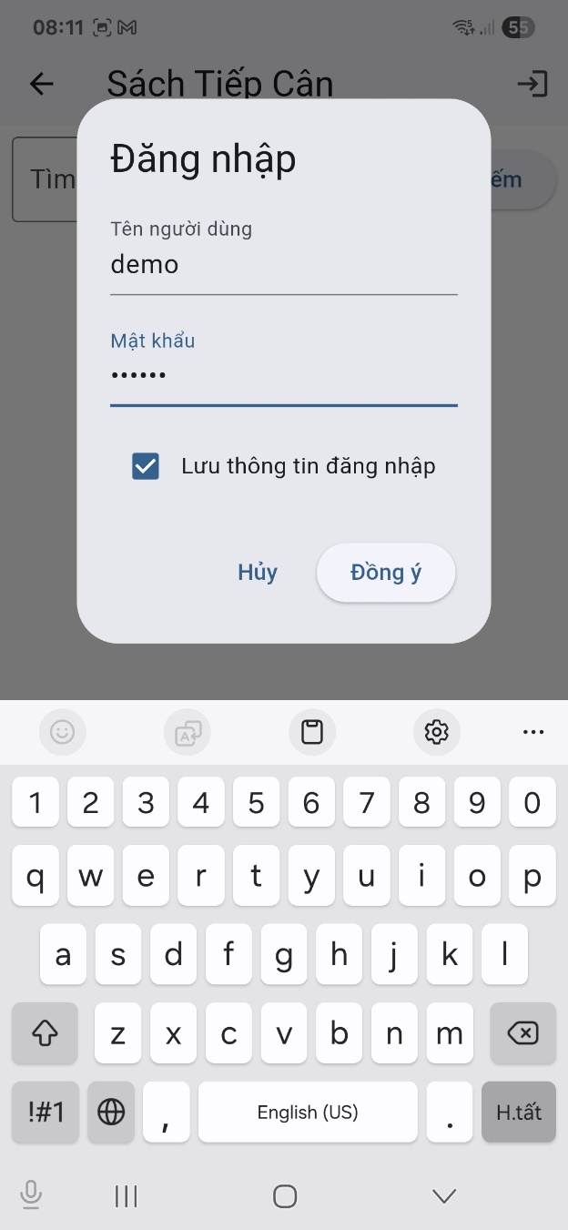 Màn hình điền thông tin đăng nhập khi chọn thư viện muốn tìm sách