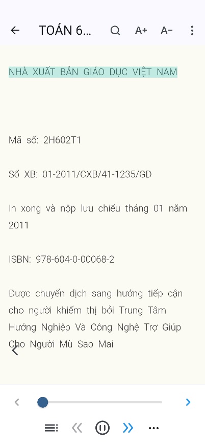 Màn hình giao diện chính khi đọc sách