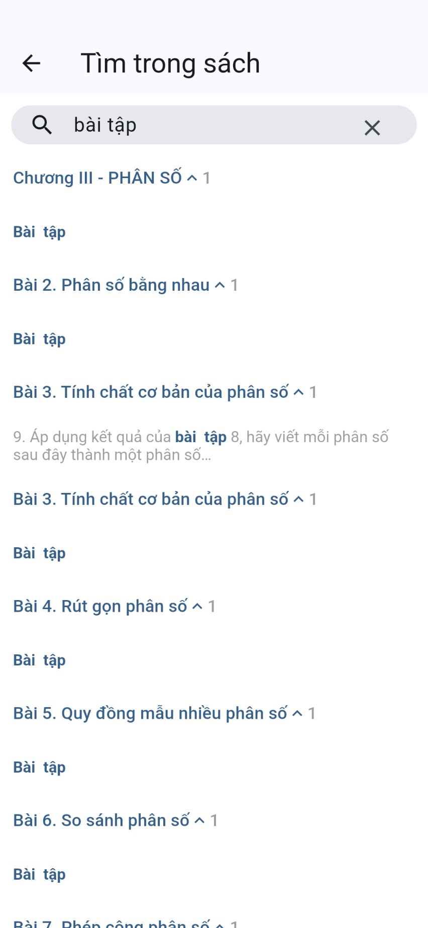 Màn hình tìm kiếm trong sách