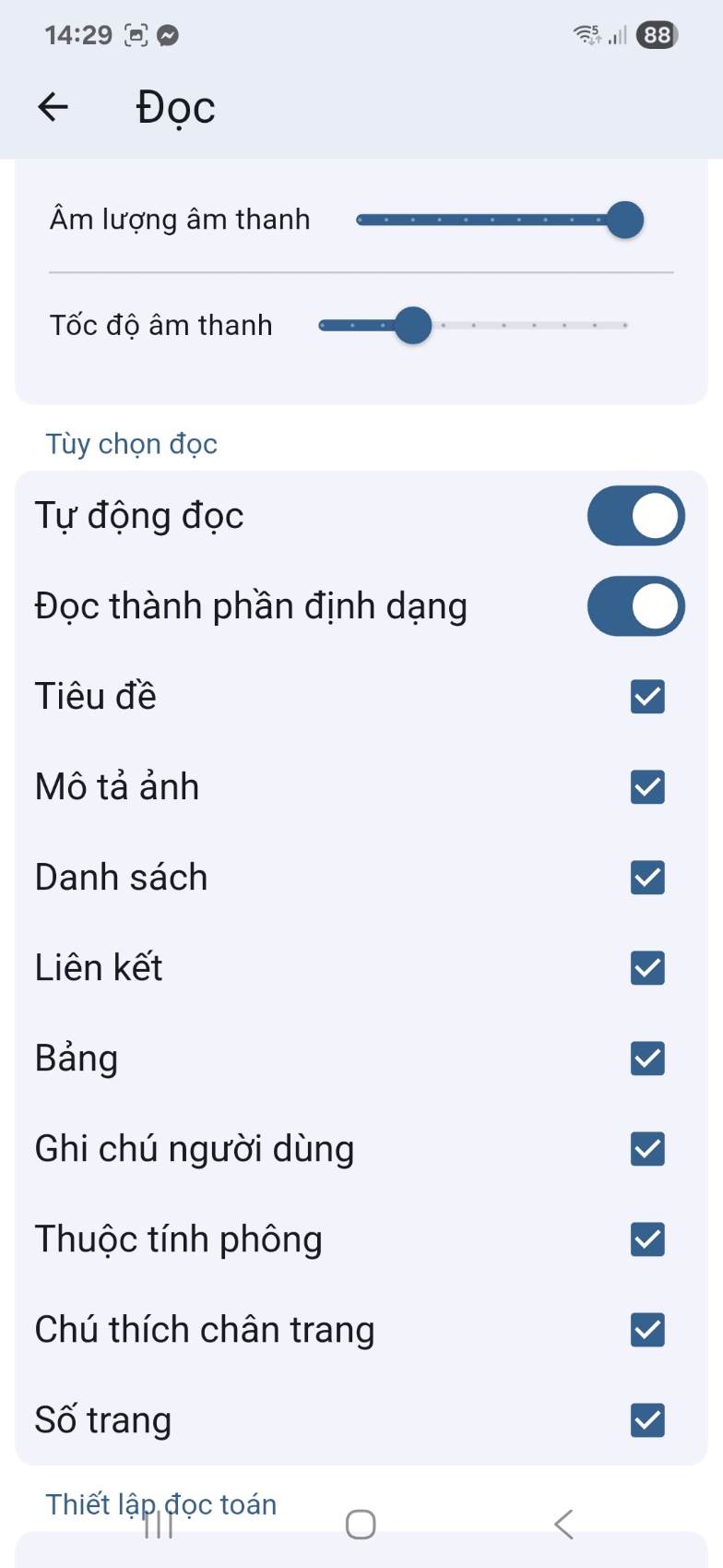 Màn hình tùy chọn đọc