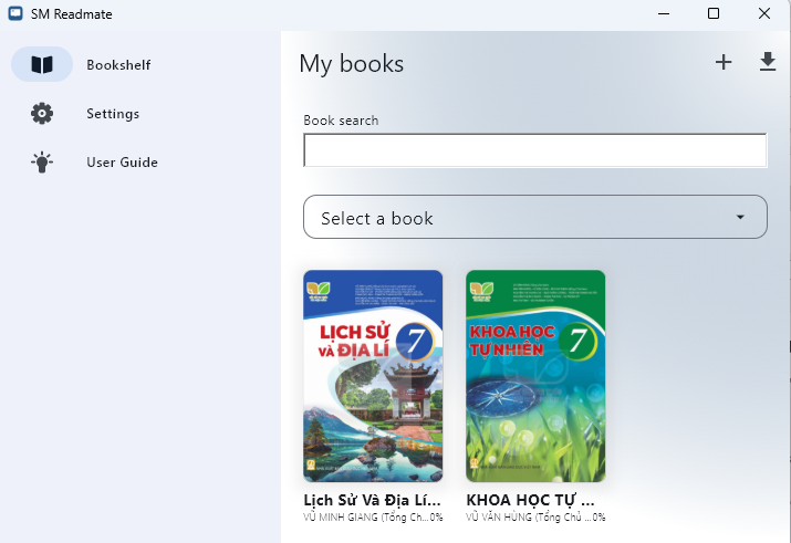 The screen displays the book that has been imported to the bookshelf.
