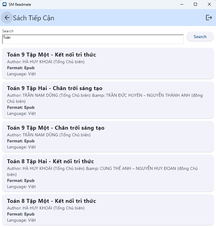 the screen displays book search results