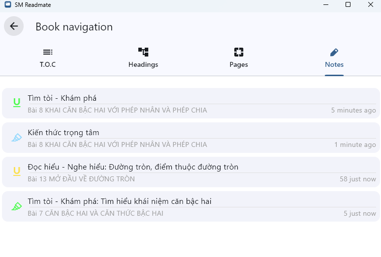 The screen displays the list of notes in Notes Tab