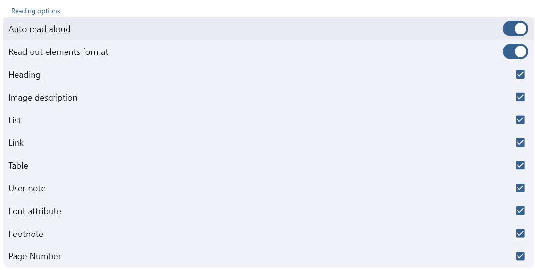 The screen for setting up reading options.