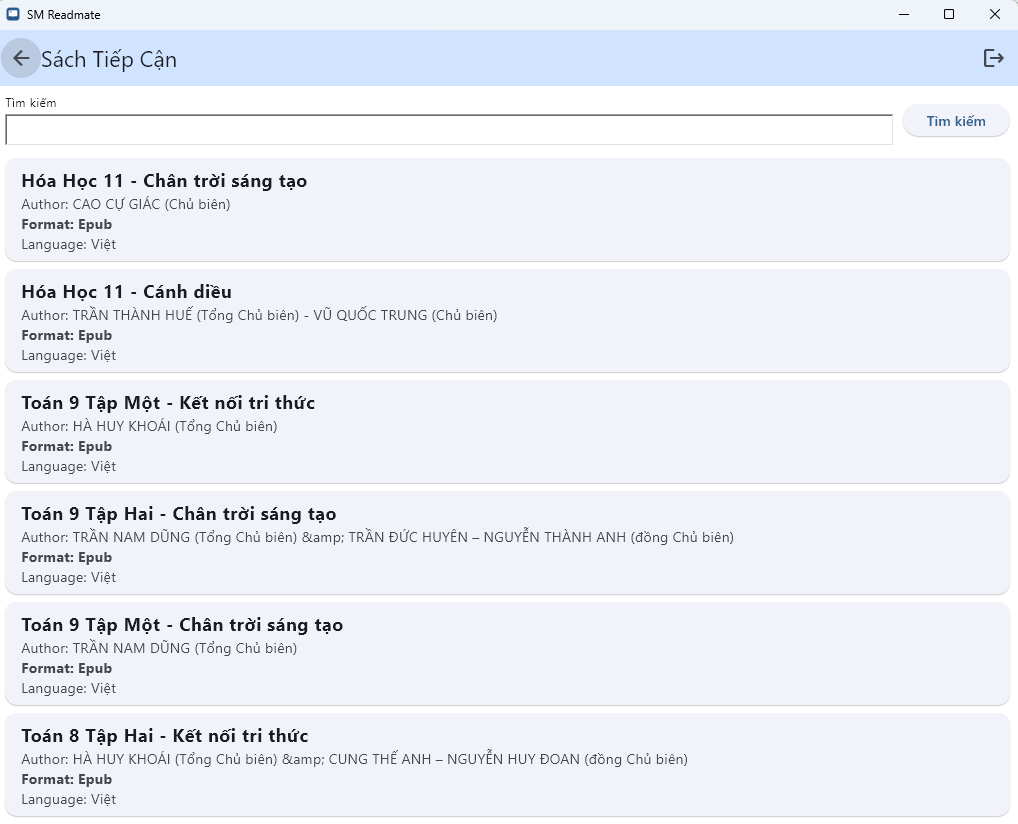 Màn hình sau khi đăng nhập vào thư viện thành công.