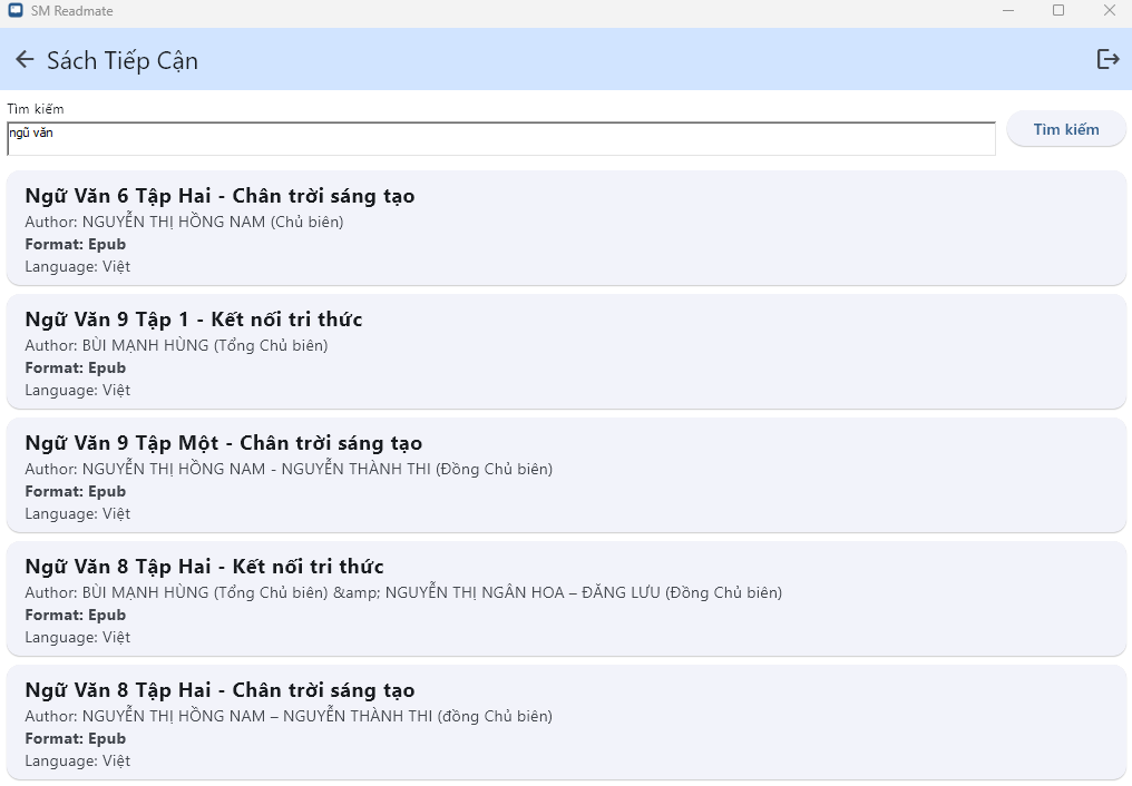 Màn hình tìm kiếm sách