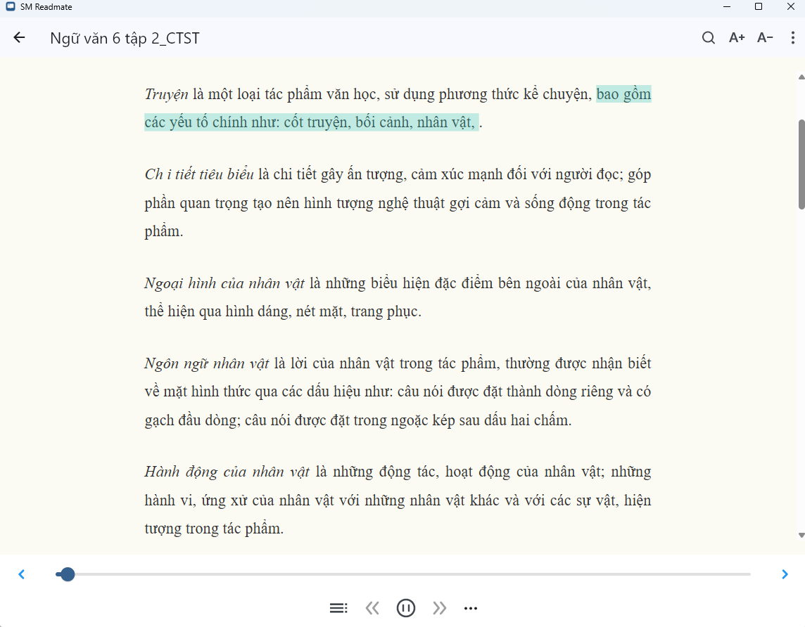 Màn hình chính khi đọc sách