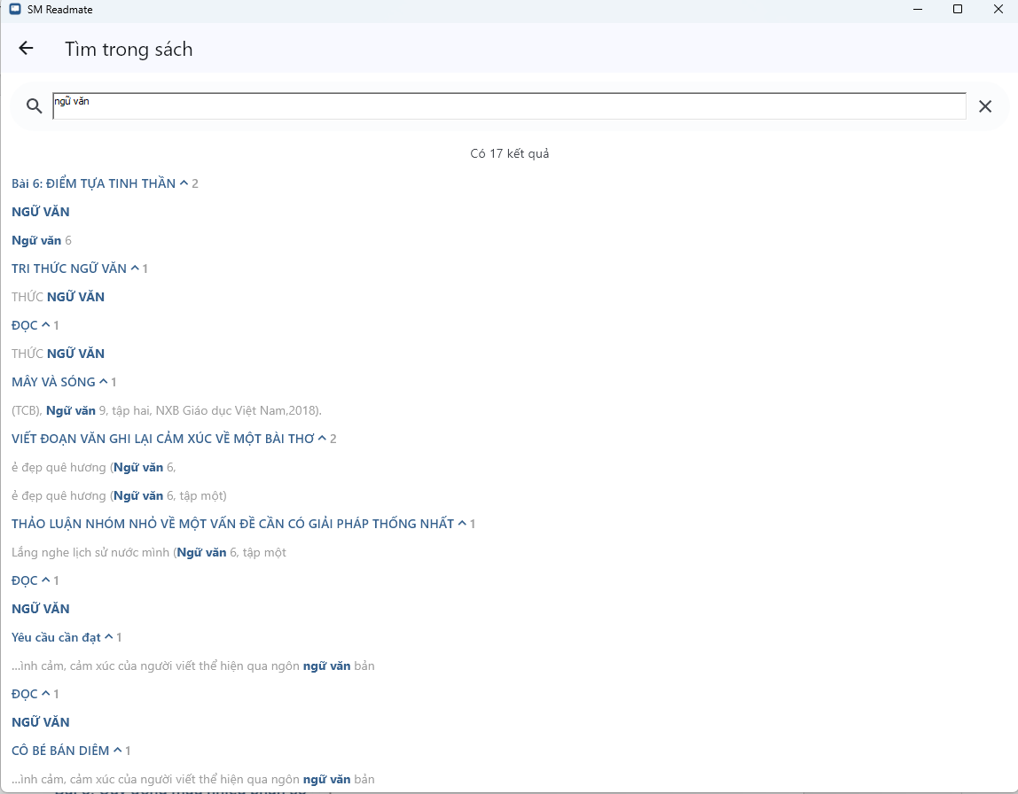 Màn hình tìm kiếm trong sách