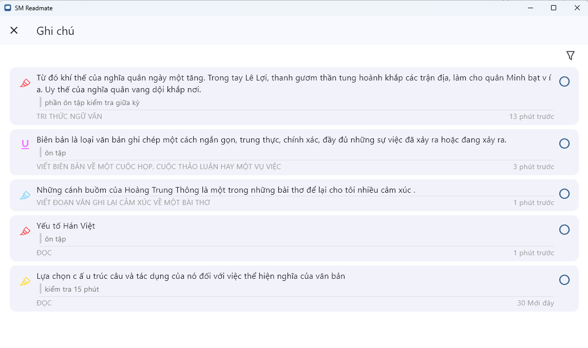 Màn hình hiển thị danh sách các ghi chú