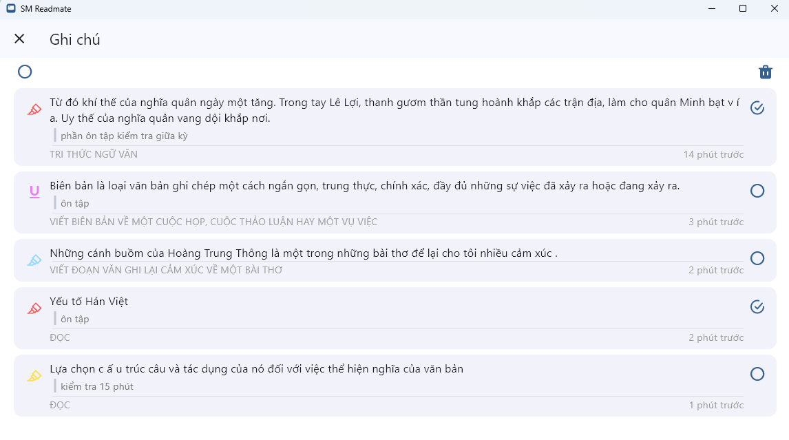 Màn hình chọn một hoặc nhiều ghi chú để xóa