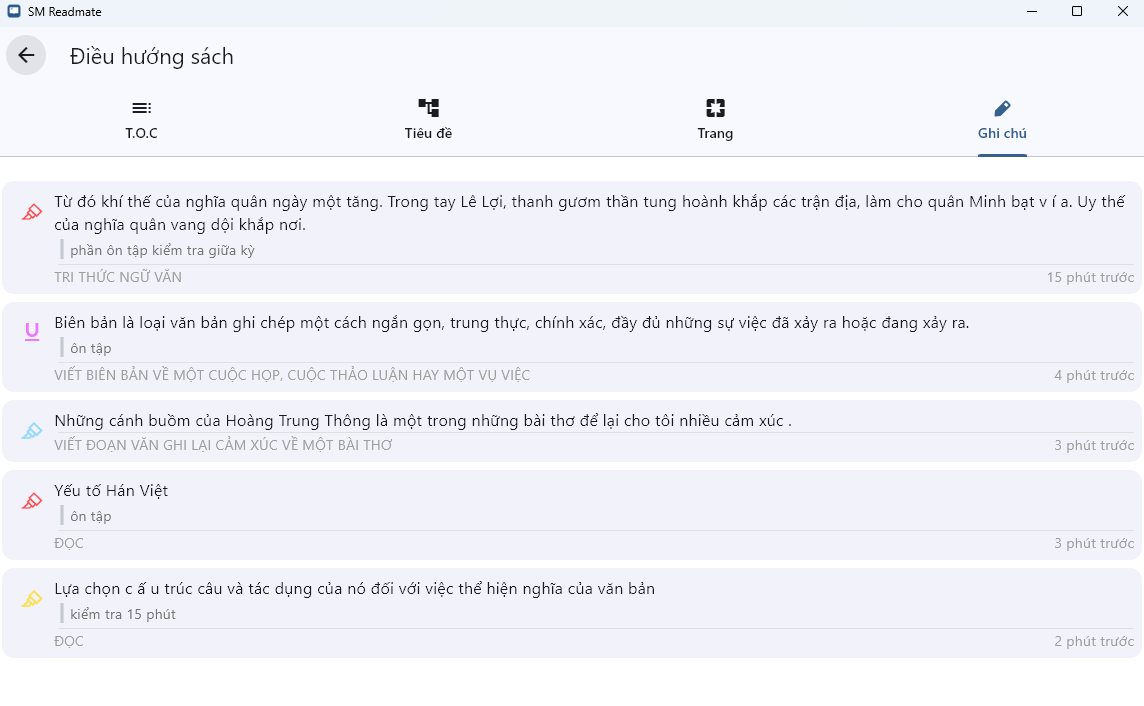 Màn hình hiển thị danh sách các ghi chú khi chọn từ trang ghi chú.