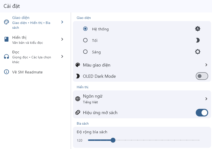 Giao diện tính năng cài đặt