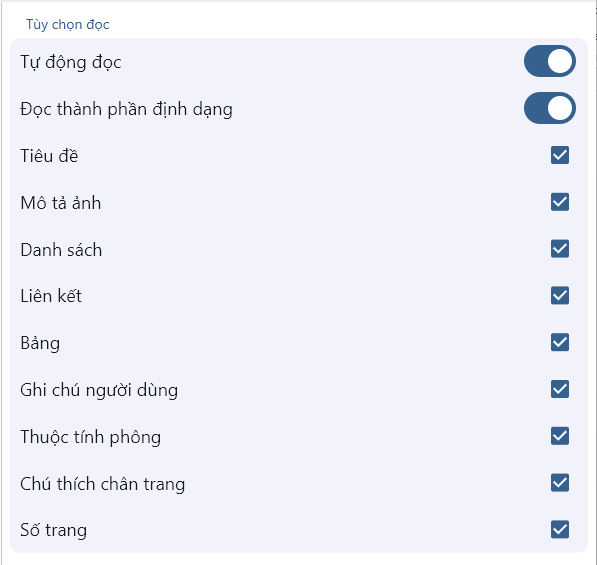 Màn hình tùy chọn giọng đọc