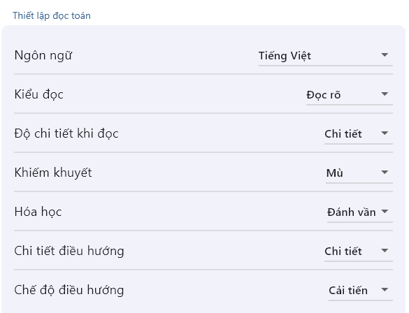 Màn hình thiết lập các đọc toán